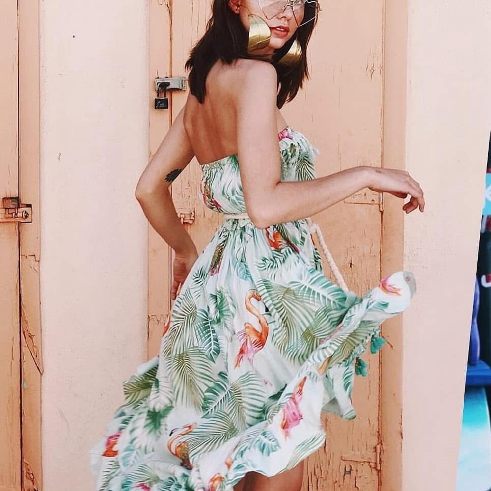 Z&L • Tropical Flamingo Strapless Belted Dress